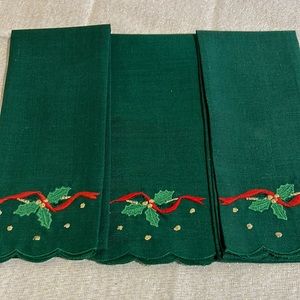 Linen Like Embroidered Tea Towels. Green/Red/Gold.